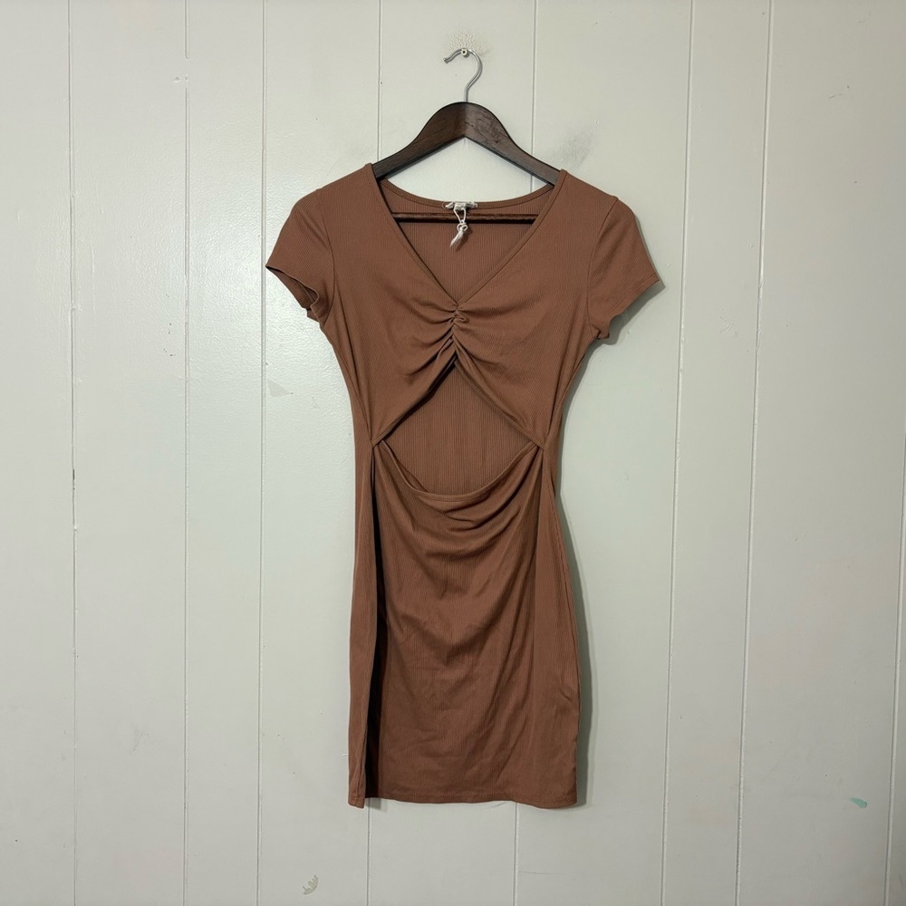 See You Monday Brown Cutout Mini Dress Womens L Ruched Bodycon Ribbed